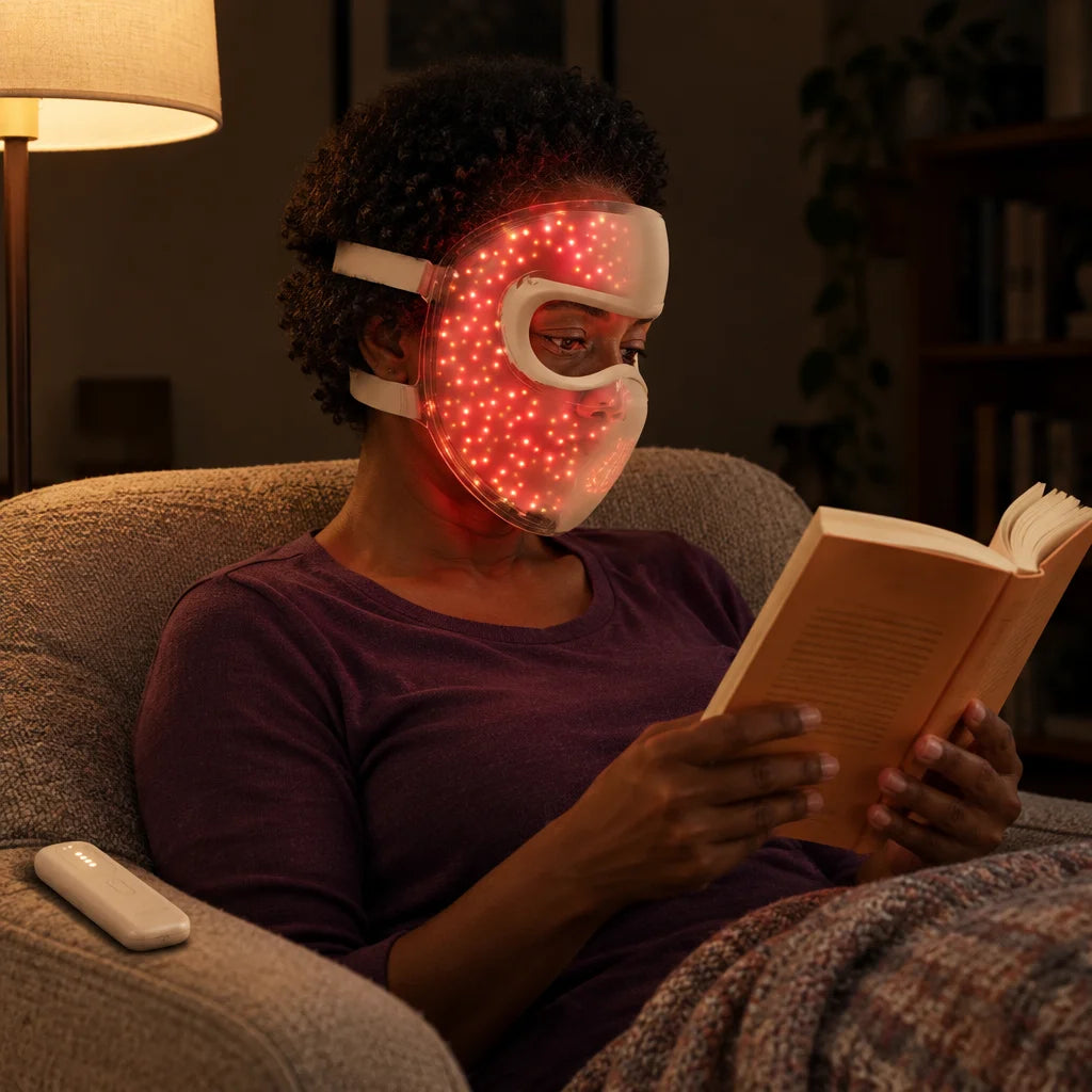 Soin du visage avec le masque LED 4D dans un salon, en soirée