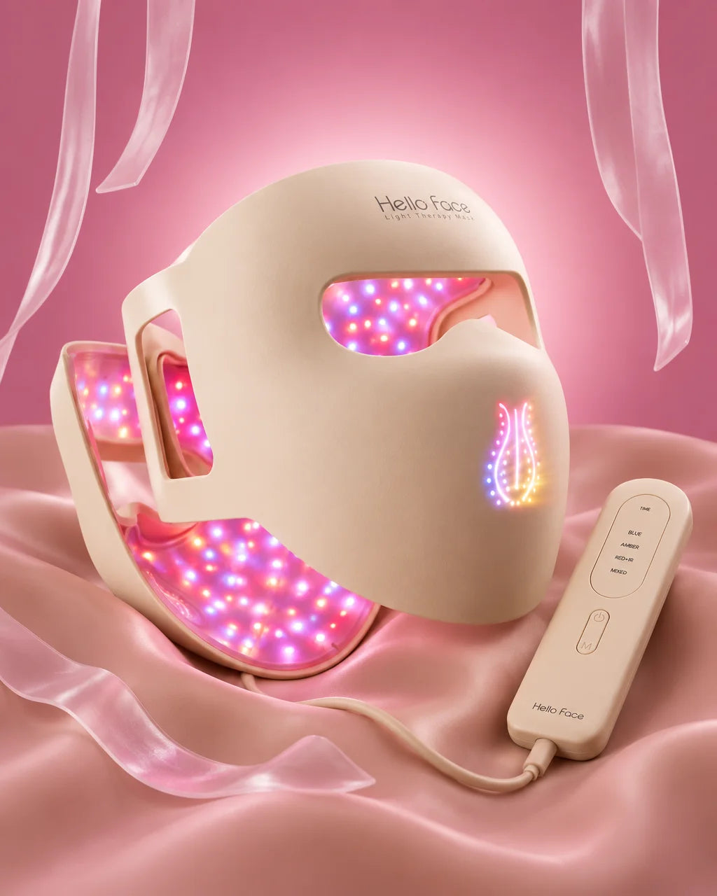 A constructed studio photograph of the exact beige silicone 4D LED mask and its slim beige wired rem