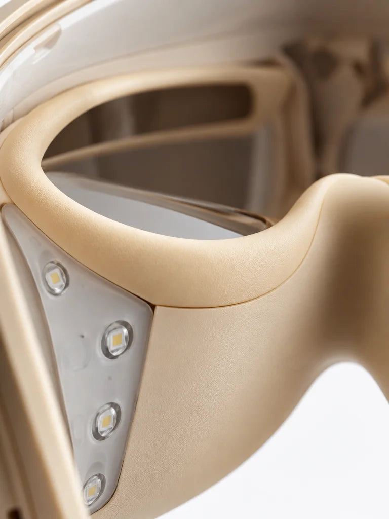 A macro photograph of the exact mask’s inner eye surround, showing the raised beige silicone rim tha
