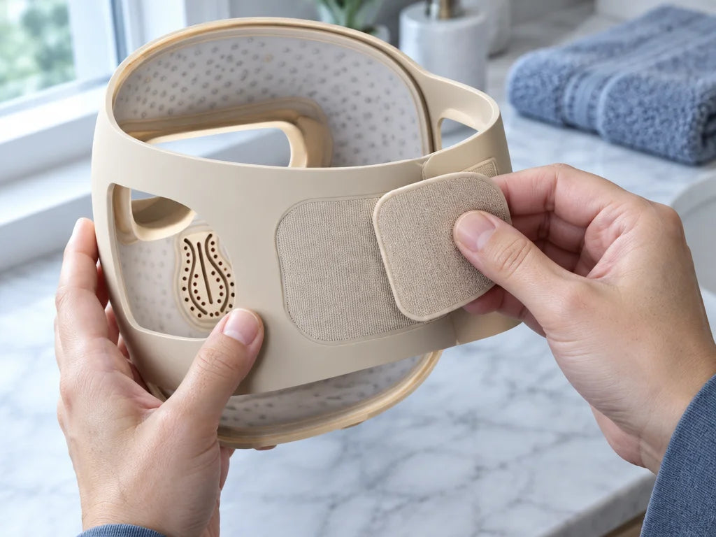 A close real-life photograph of the back of the exact beige mask in two hands, one hand holding the