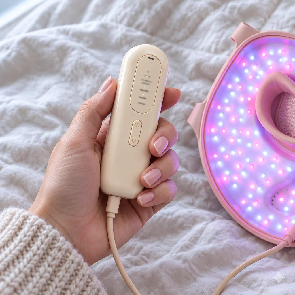 A close photograph of one adult woman’s hand holding the exact slim beige wired remote from the refe